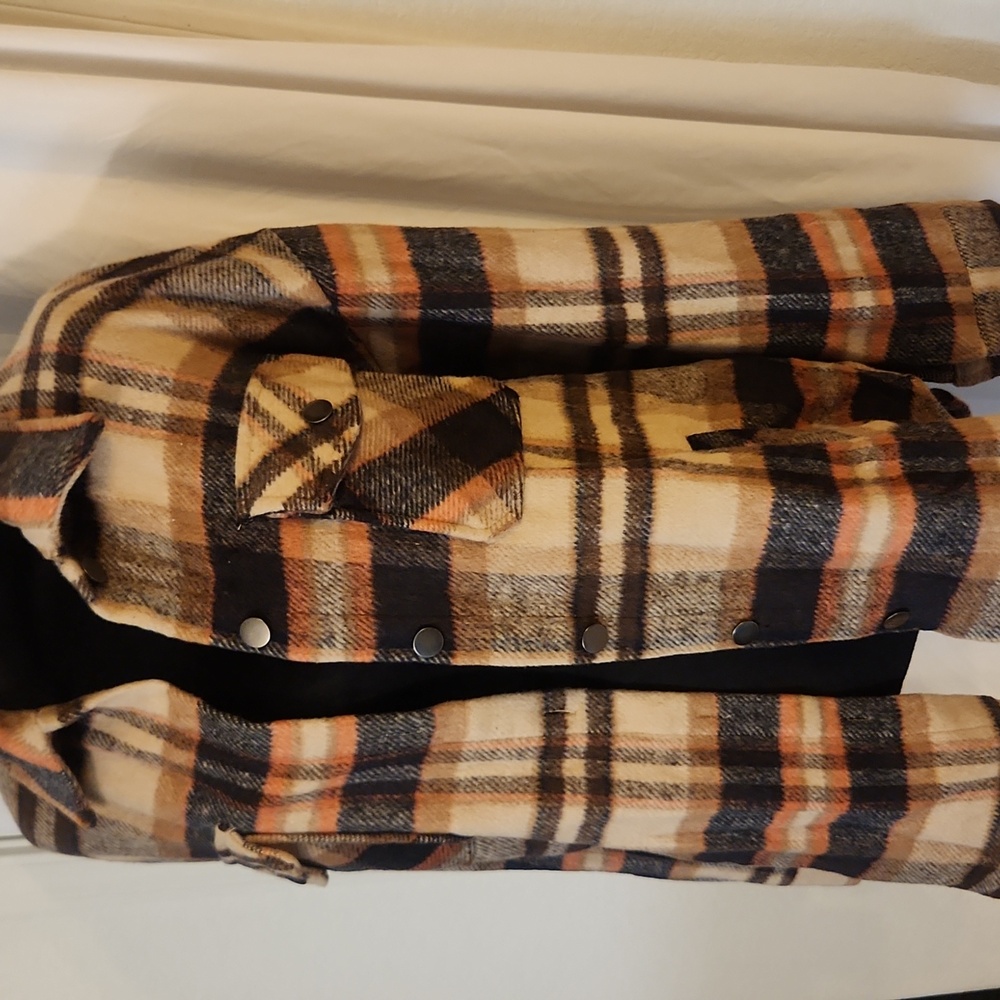 Flannel Button Down Shirt, Boyfriend Long Sleeve, Oversized, Brown/Orange, S - Picture 11 of 17